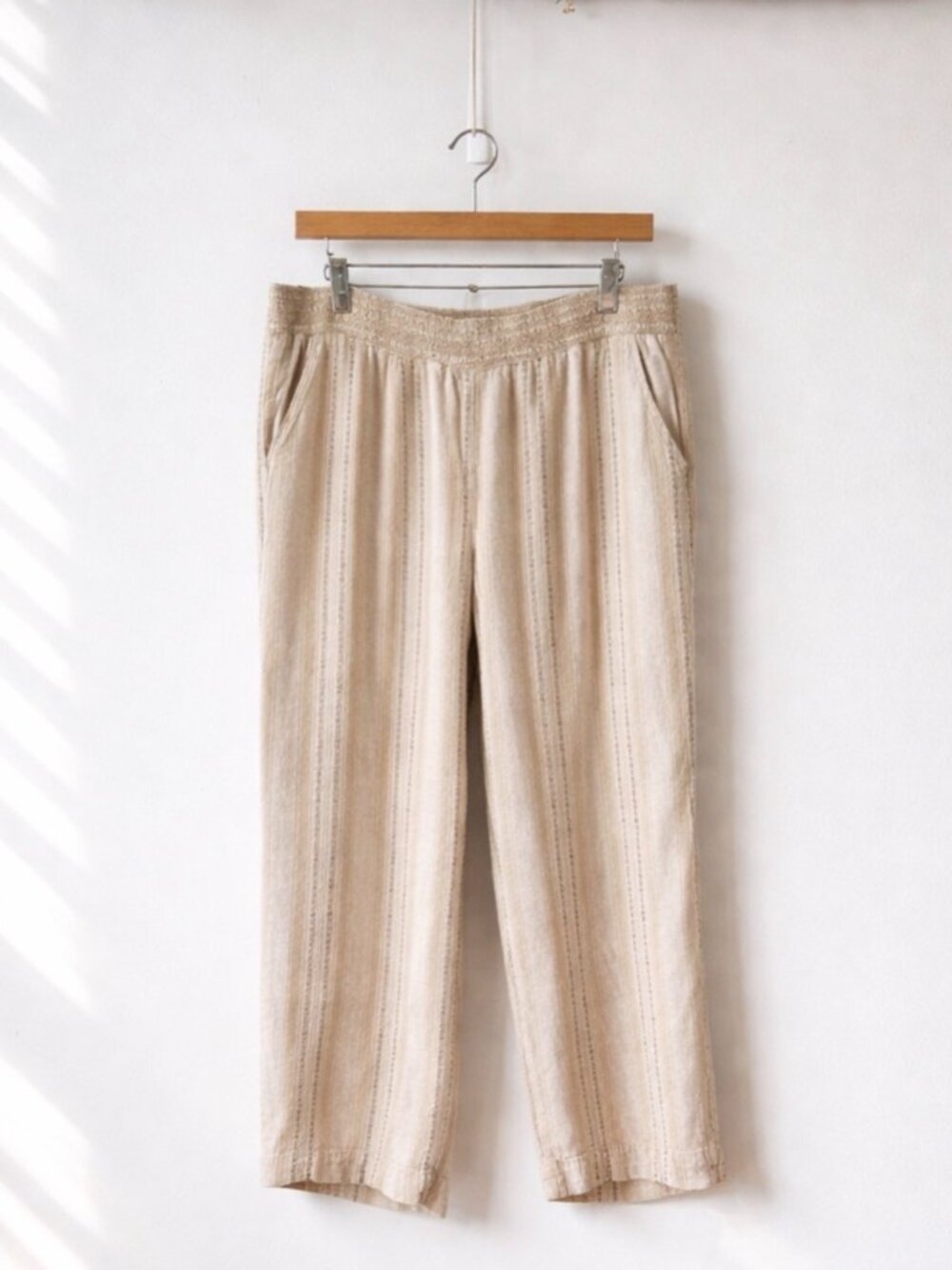 Boho Beige Striped Linen Blend Crop Pants | Pull-On Summer Trousers (XL)